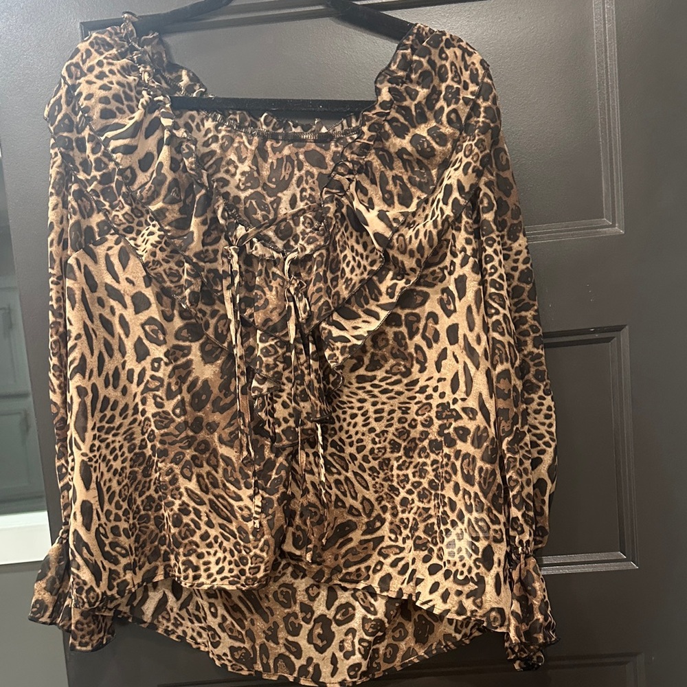 Women’s Leopard Print Ruffle Blouse - Brown